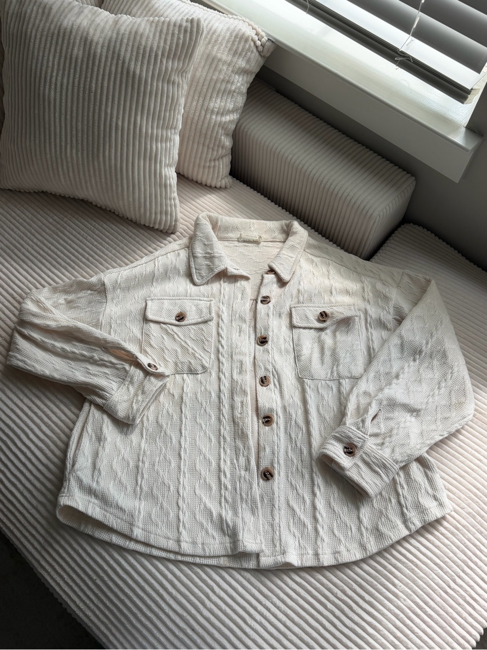 Cream Cable Knit Button-Front Shacket - Picture 1 of 4
